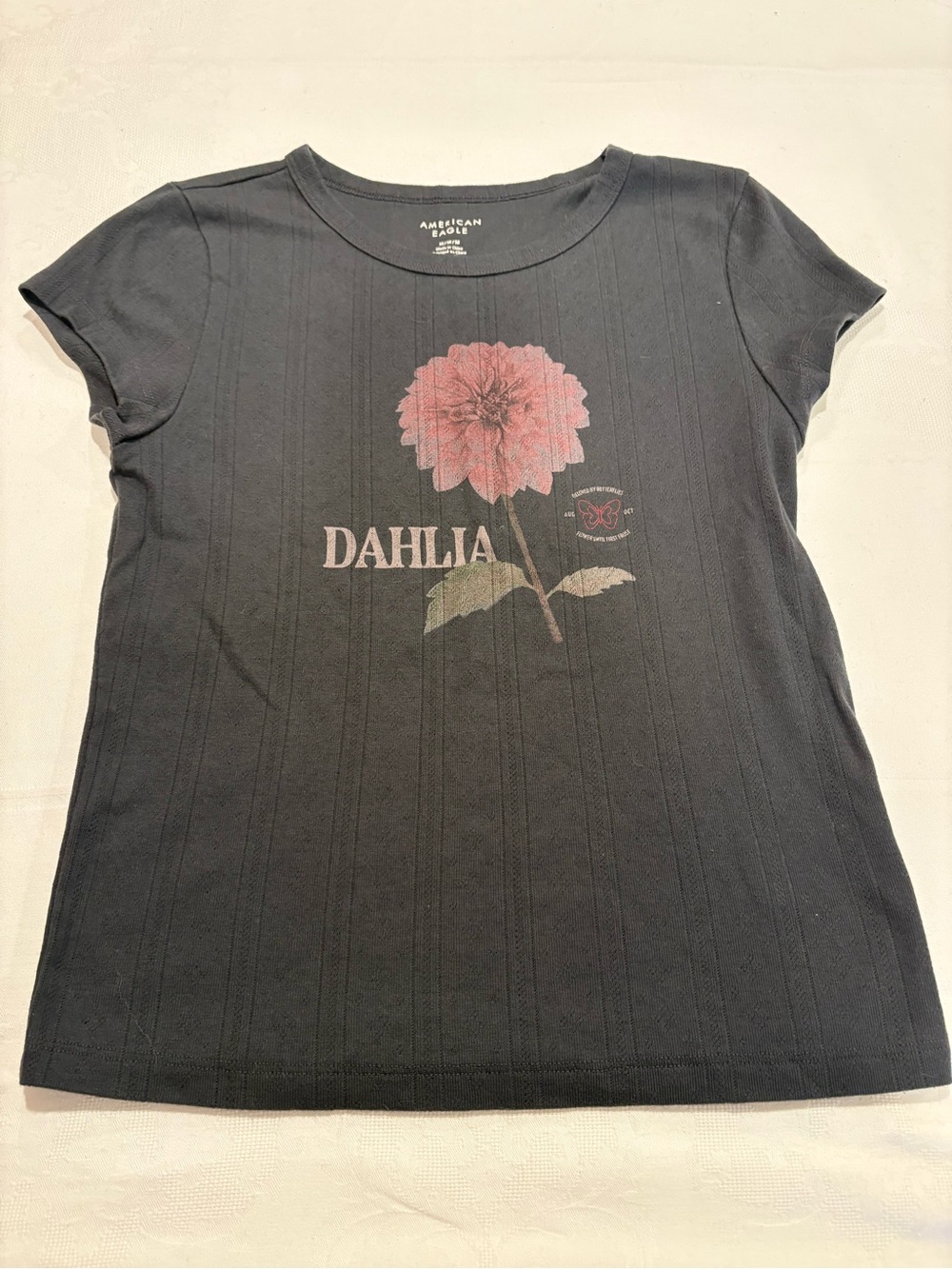 American Eagle Outfitters Black Tee with Pink Dahlia Graphic - Women's